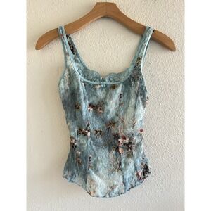 Arianne Y2K Romantic Mesh Lace Floral Top Teal Pastel Sz.M Fairy Victorian Boho